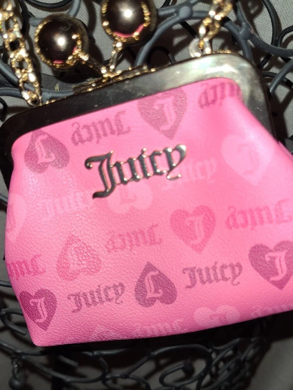 Juicy Couture Pink Logo Heart Kiss-Lock Mini Bag with Gold Chain